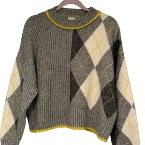 Classic Pringle of Scotland Grey Argyle Sweater w/ Yellow Trim Wool Blend Size S
